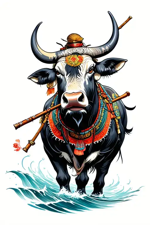 Water Buffalo with rider and flute tattoo design idea