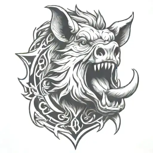 Boar head, tongue out, entertwined with letter B 3D representation tattoo design idea