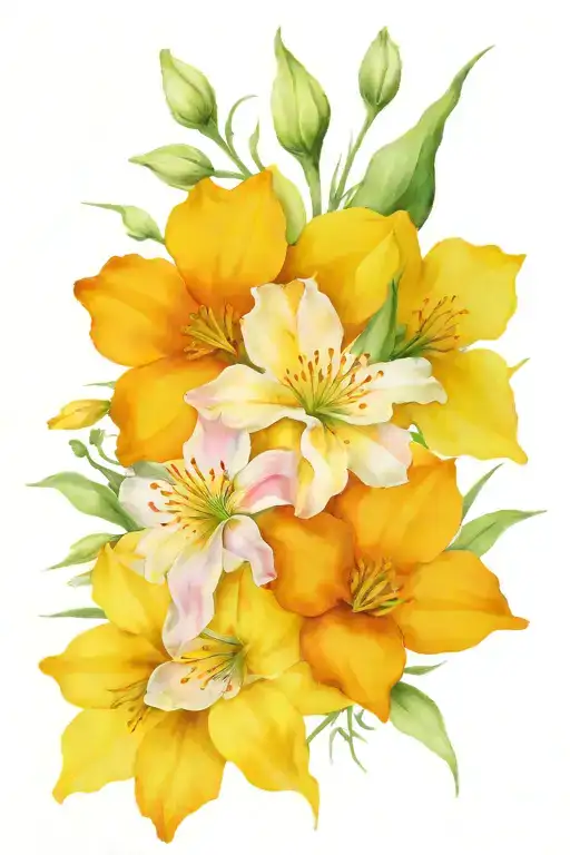 cosmos, marigold, daffodil and jonquils bouquet tied tattoo design idea