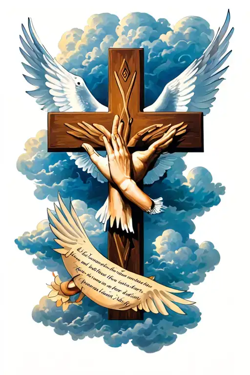 cross with clouds and a dove with praying hands and a verse tattoo design idea