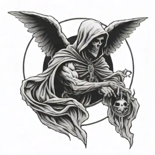 sleep token angel reaper with moon in background looking through lens tattoo design idea