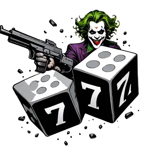 Two cubes fell with the number 7. In their hand, they are held by a joker with a machine gun and a smile on his face tattoo design idea