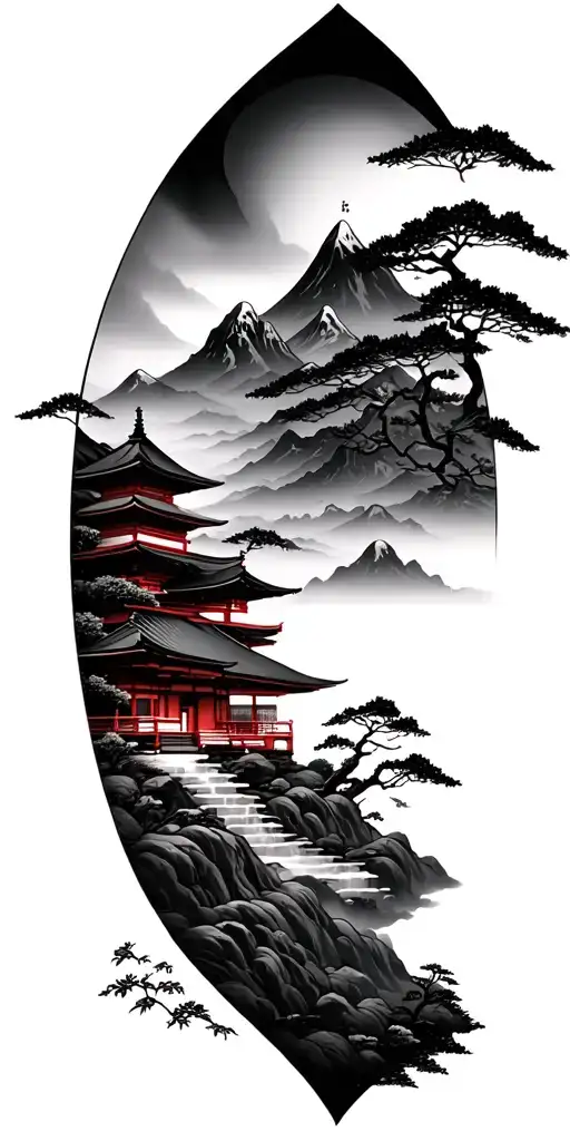 Japanese mountain and temple scenery tattoo tattoo design idea