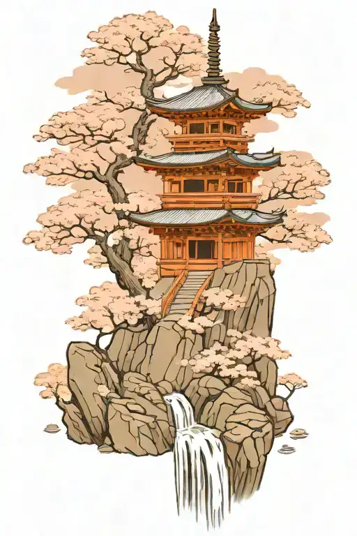 pagoda on top of cliff with waterfall and cherry blossoms in greyscale  tattoo design idea