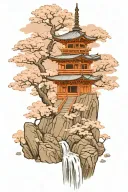 pagoda on top of cliff with waterfall and cherry blossoms in greyscale  tattoo design idea
