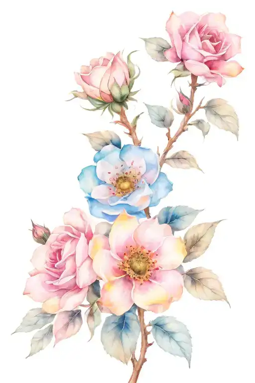blue roses, pink cherry blossom branch and sunflowers tattoo design idea