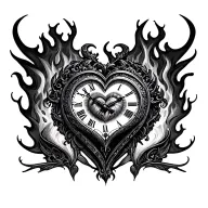 "Mélanie" clock heart in flame tattoo design idea