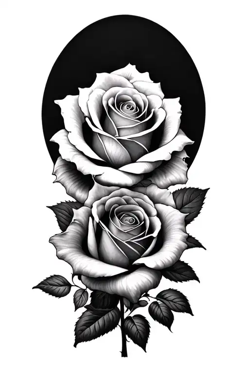 Black and grey realism tattoo of two roses intertwined gracefully on the upper arm. Elegant fine lines with minimal shad tattoo design idea