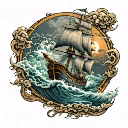 ship sailing through stormy seas tattoo design idea