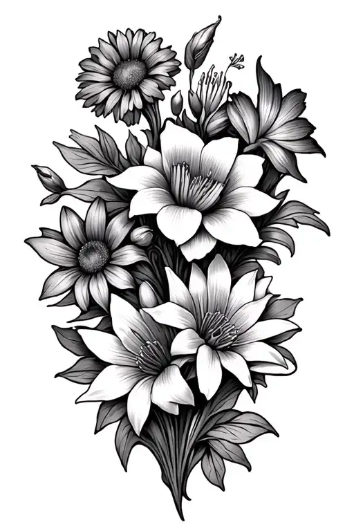 vertical vine of flowers with iris at the top, then a calendula, amaryllis, sweat pea, waterlilly, delphinium tattoo design idea