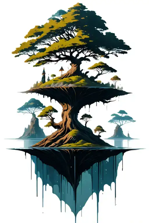 floating islands tree growing with beanches tattoo design idea