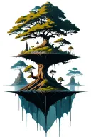 floating islands tree growing with beanches tattoo design idea