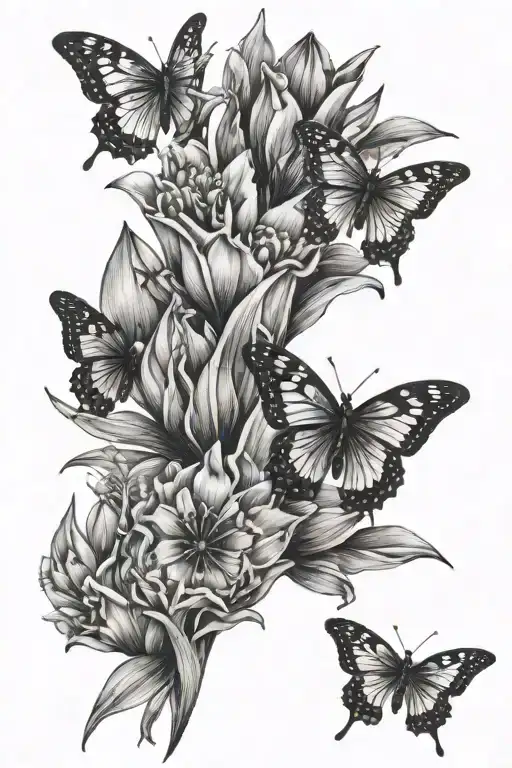 tulip flower spine tattoo with butterflies fluttering tattoo design idea