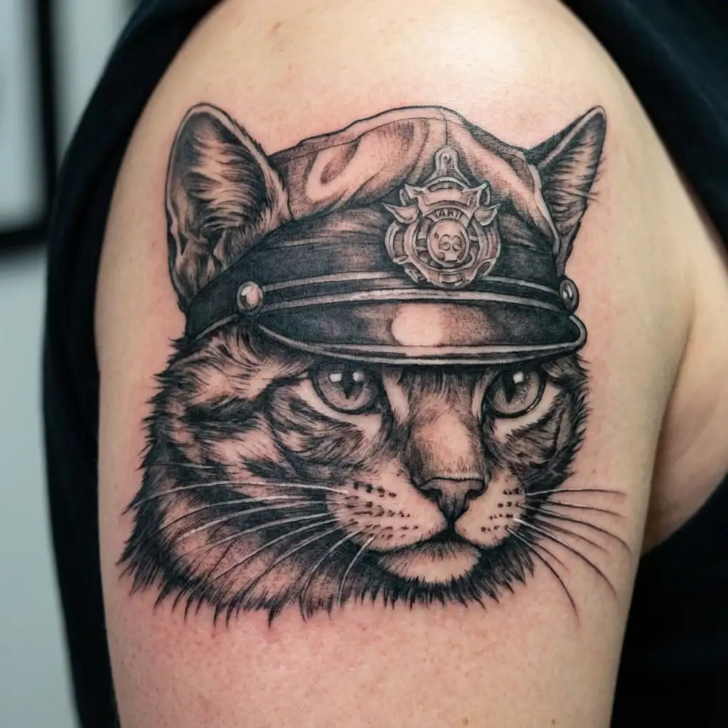 A black and grey portrait of a cat wearing a police hat tattoo design idea