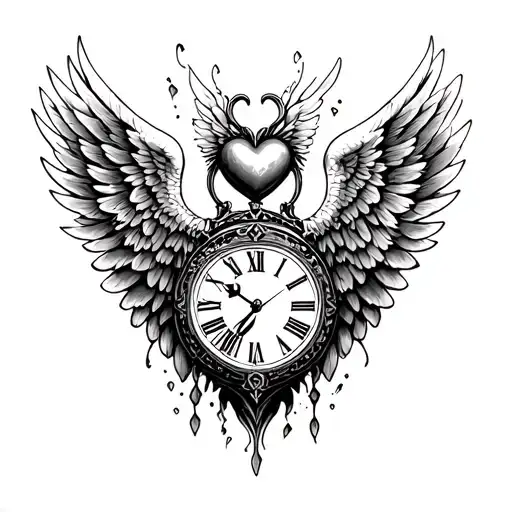 Heart clock Angel Wings tattoo design idea