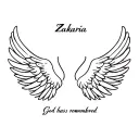 Angel wings with Cursive inbetween that says: Zakaria, with bold print underneath that says "God has remembered" tattoo design idea