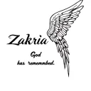 Angel wings with Cursive inbetween that says: Zakaria, with bold print underneath that says "God has remembered" tattoo design idea