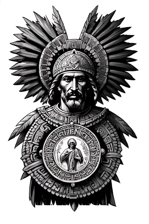 Mexican Aztec warrior, Medal of Saint Benedict intertwined  tattoo design idea