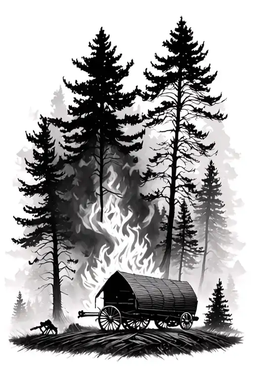 forest fire with 22 trees and a covered wagon tattoo design idea