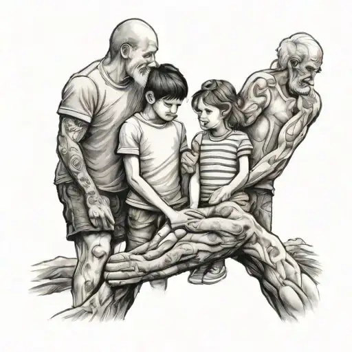 mum dad 2 older sons , 1 daughter and younger son holding hands tattoo design idea