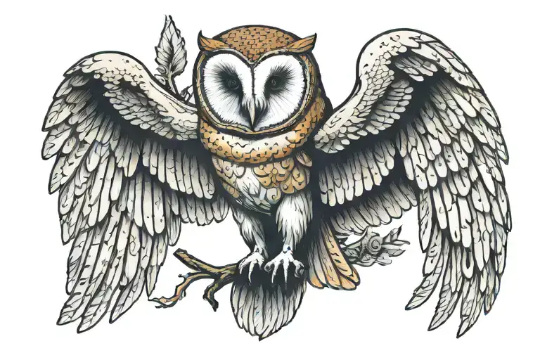 barn owl with large wings spread on a skull tattoo design idea