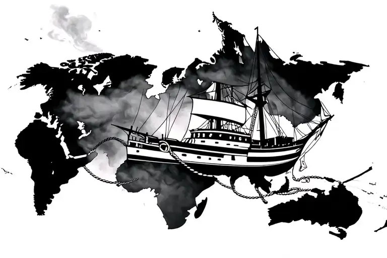 ship fading into smoke forming coiled rope on a nautical map tattoo design idea