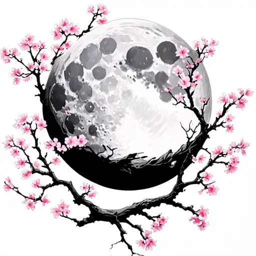 moon covered in Sakura tree branch tattoo design idea