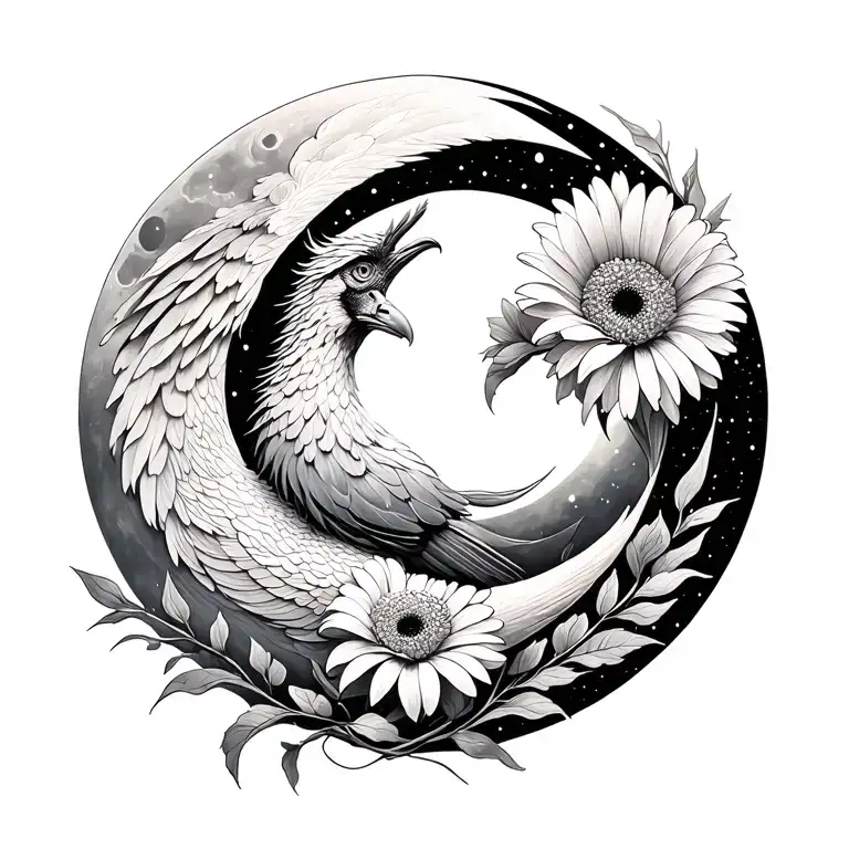 phoenix and three gerberas the 8 phases of the moon, fine line stroke, mystical designs symbolizing balance and femininity tattoo design idea