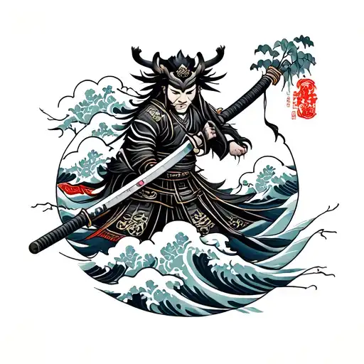 Samurai, Oni, Katana, Japanese waves, Japanese clouds, Japanese flora, Japanese style wind, 2D Blackwork tattoo design idea