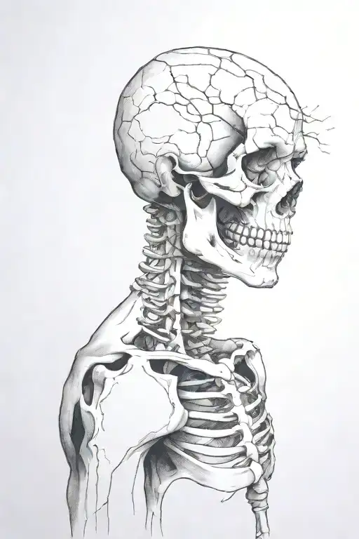 skeleton with his hand inside his cracked head profile  tattoo design idea