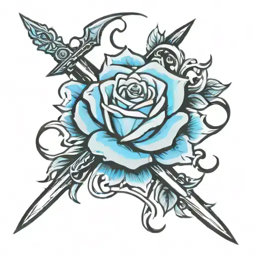 Blue rose and swords crossed tattoo design idea