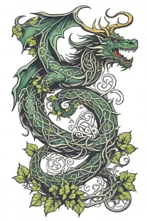 Celtic green dragon, sea serpent and stag surrounded by ivy tattoo design idea