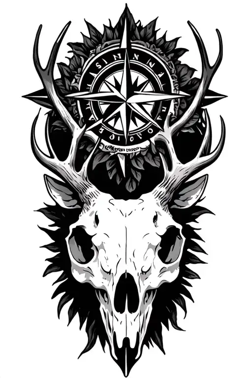 september birth flower, deer skull, detailed compass rose tattoo design idea