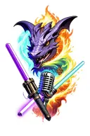 purple lightsaber, charizard, elder wand and studio microphone tattoo design idea