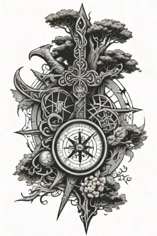 Viking, hammer, axe, tree, Nordic compass rose surrounded tattoo design idea