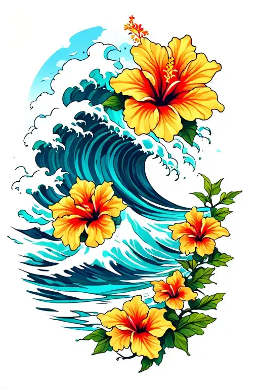waves crashing on the beach with small hibiscus vine on right side tattoo design idea