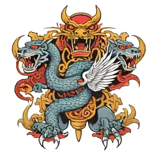 scarab  surrounded by a Chinese dragon and wolf tattoo design idea