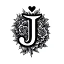 Lowercase j in script cursive style font, the dot above in the “j” will be a heart, on the end of the j’s taile will be  tattoo design idea