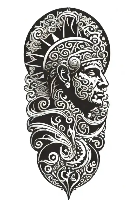 A Roman sun god inspired by ancient Roman art, with waves from the Hawaii pipeline integrated into the design tattoo design idea