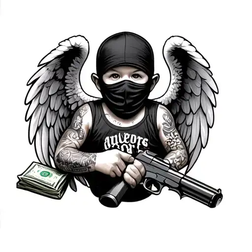 tattooed gangster baby angel with ski mask holding a gun and a bag of money tattoo design idea