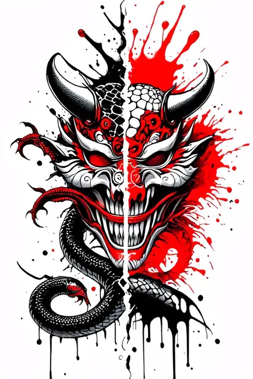 Snake and oni mask split in half tattoo design idea