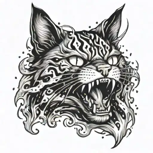 angry cat screaming with a see of flammes  tattoo design idea