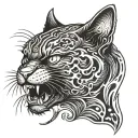 angry cat screaming with a see of flammes  tattoo design idea