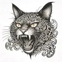 angry cat screaming with a see of flammes  tattoo design idea