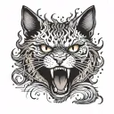 angry cat screaming with a see of flammes  tattoo design idea