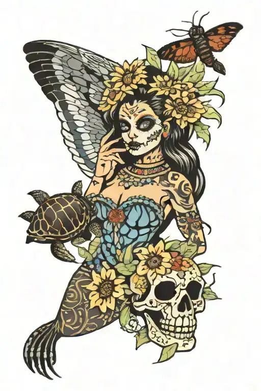 Hawaiian hula girl with a Sugar Skull surrounded by sea turtles, dragonflies, fire and ice. with a sunflower at bottom tattoo design idea