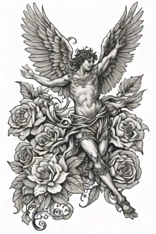 floral design with Icarus falling from the sky tattoo design idea