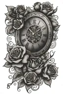 One roman clock surrounded by roses with a paper written memento mori tattoo design idea