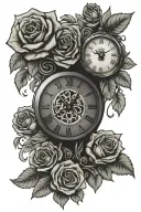 One roman clock surrounded by roses with a paper written memento mori tattoo design idea
