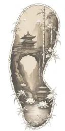 buddhist inpired tattoo focusing on scenary of nature, bamboo, water, and with lotus, koi fish, and small budda tattoo design idea